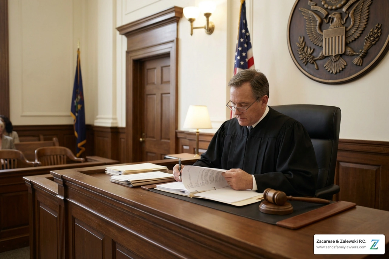 judge reviewing custody evidence at the bench judge reviewing custody evidence at the bench