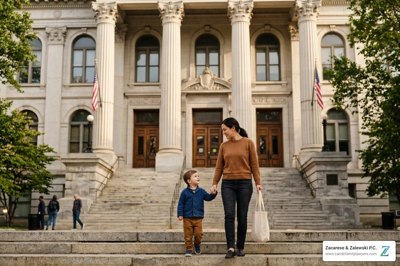 parent and child entering family courthouse parent and child entering family courthouse