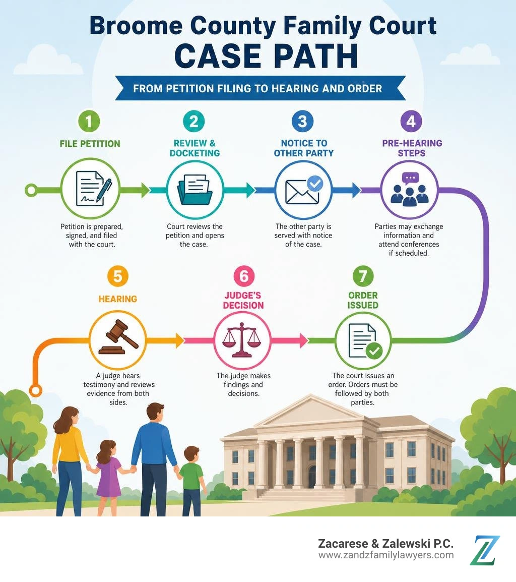 Broome County Family Court case path from petition filing to hearing and order infographic