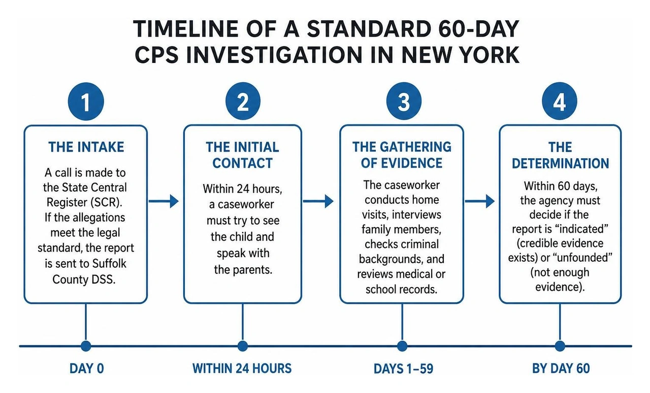 Timeline of a standard 60-day CPS investigation in New York Timeline of a standard 60-day CPS investigation in New York