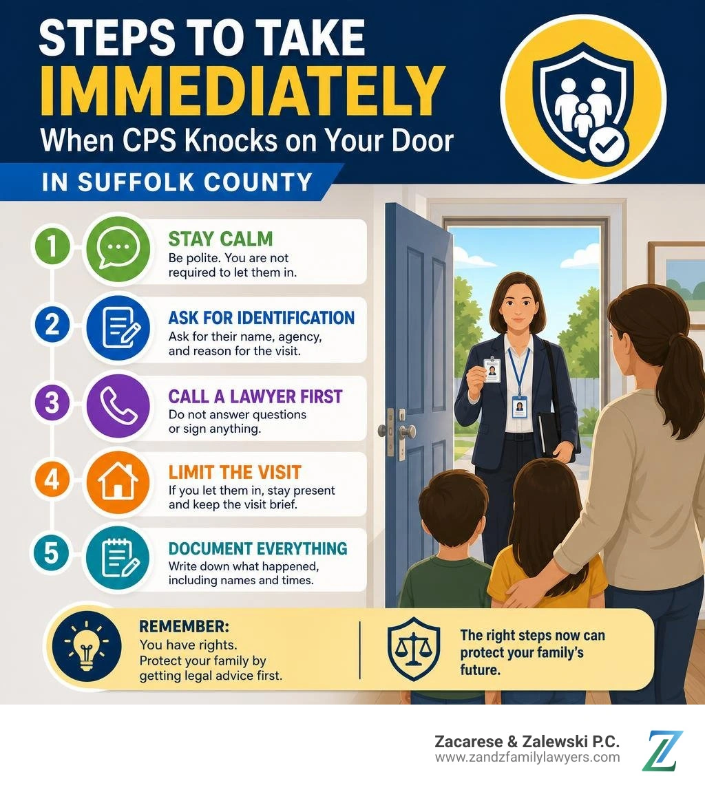 Steps to take immediately when CPS knocks on your door in Suffolk County infographic Steps to take immediately when CPS knocks on your door in Suffolk County infographic