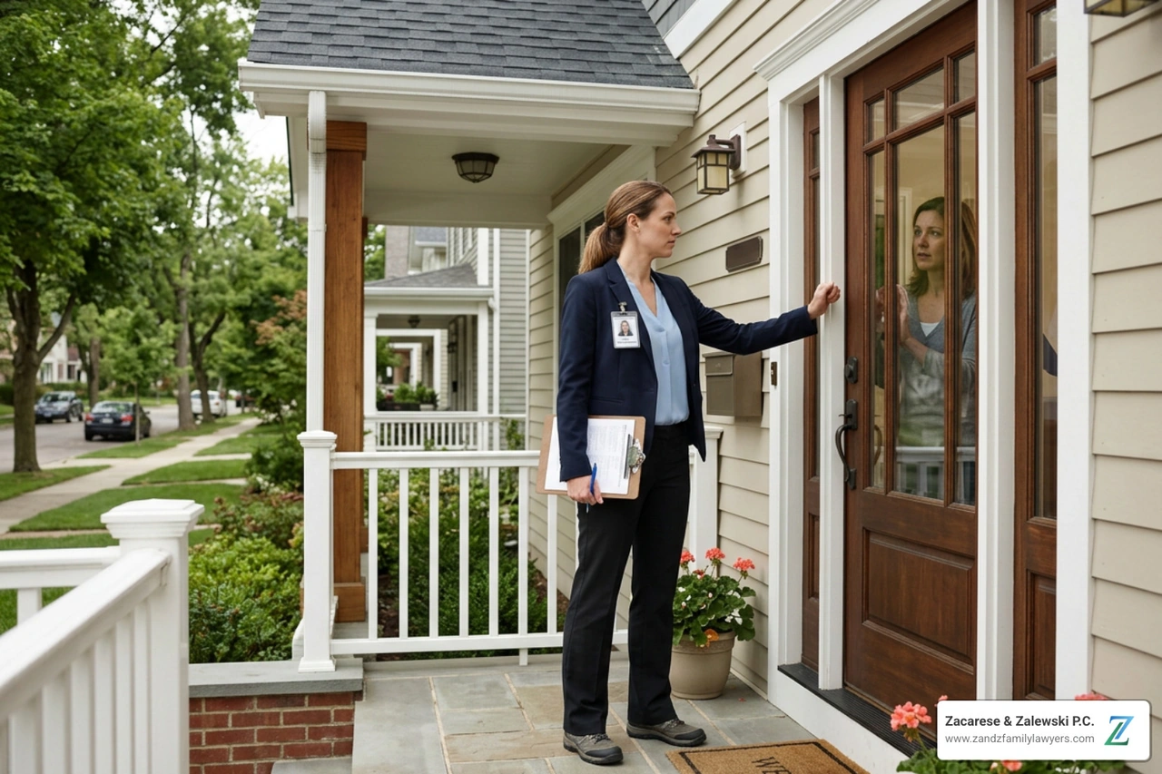 Caseworker visiting home doorstep Caseworker visiting home doorstep
