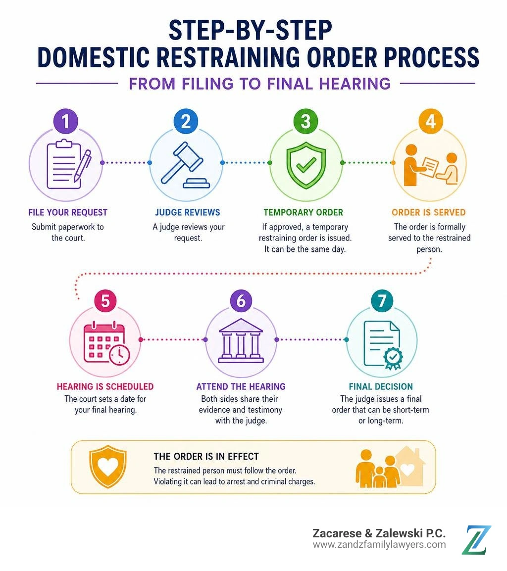Step-by-step domestic restraining order process from filing to final hearing infographic Step-by-step domestic restraining order process from filing to final hearing infographic