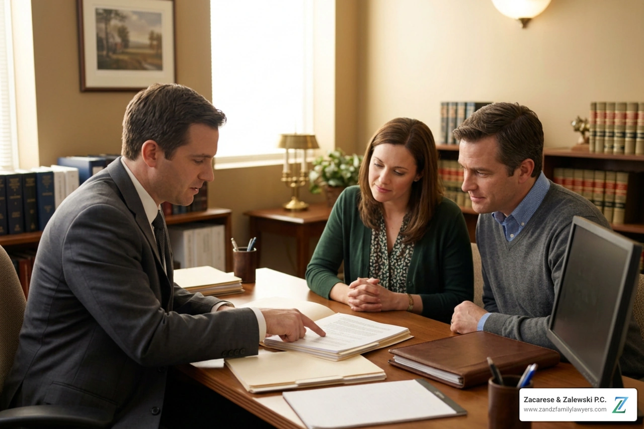 An attorney reviewing court documents with a mother and father An attorney reviewing court documents with a mother and father