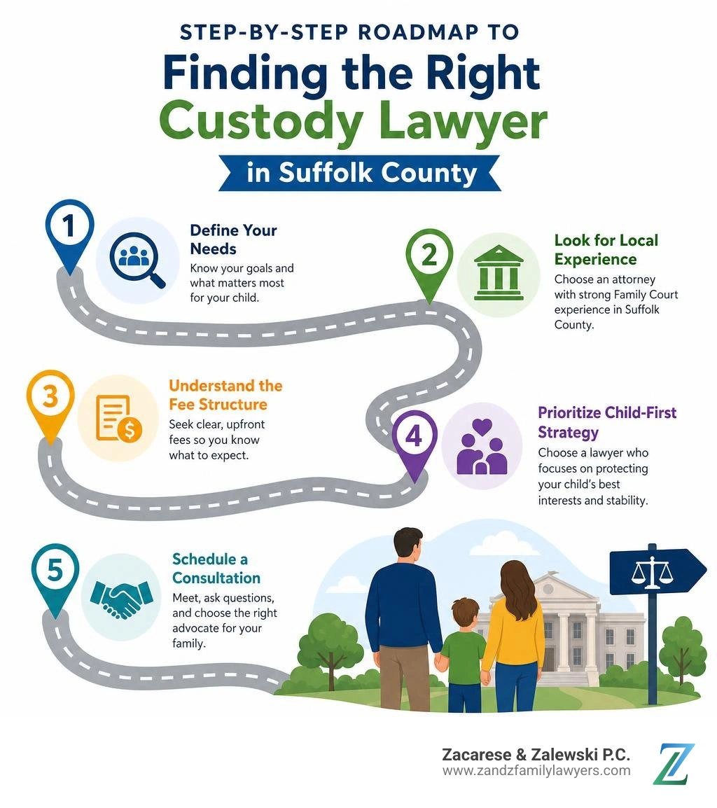 Step-by-step roadmap to finding the right custody lawyer in Suffolk County infographic Step-by-step roadmap to finding the right custody lawyer in Suffolk County infographic