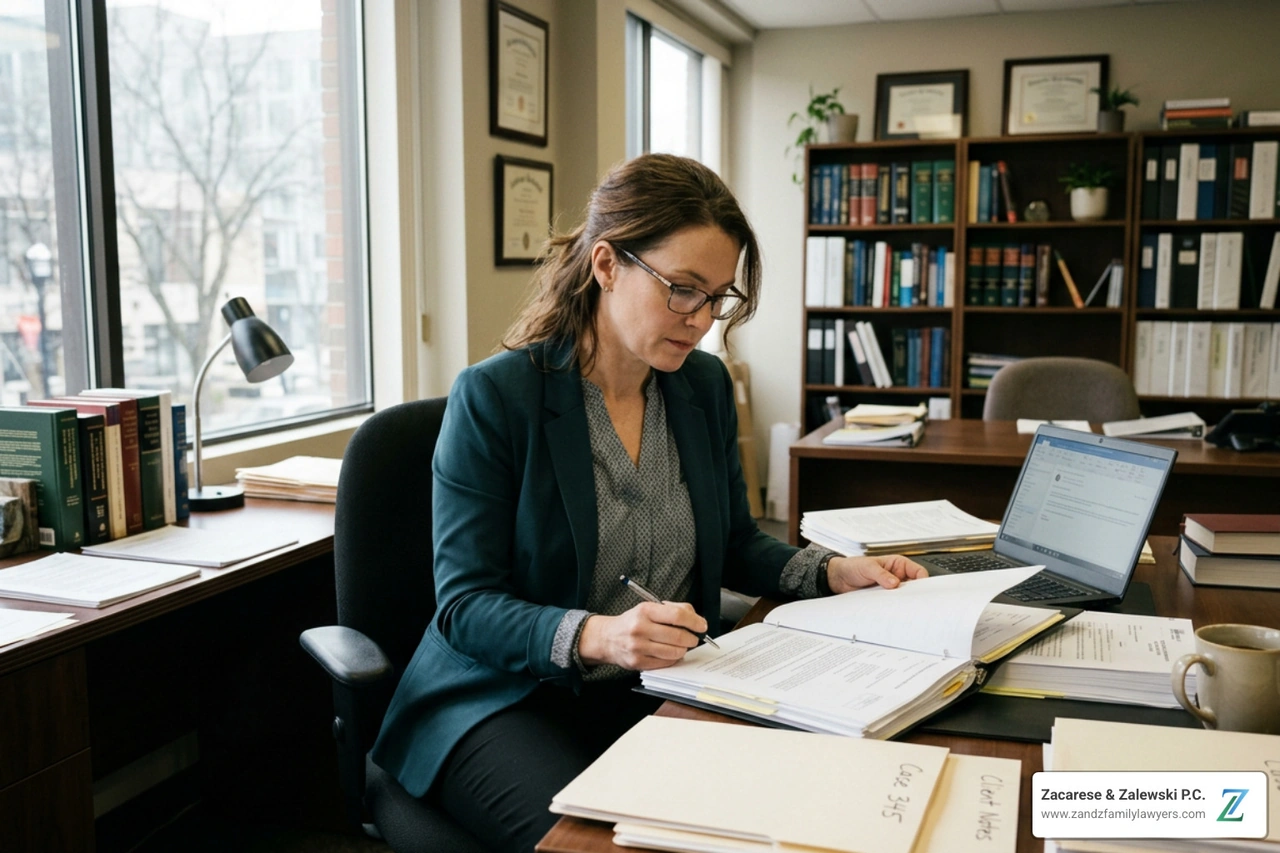 Family court lawyer reviewing legal case documents Family court lawyer reviewing legal case documents