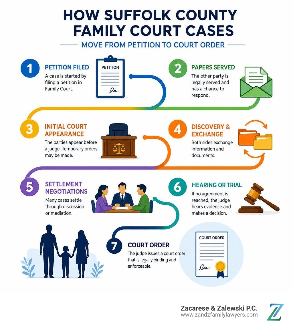 How Suffolk County Family Court cases move from petition to court order infographic How Suffolk County Family Court cases move from petition to court order infographic
