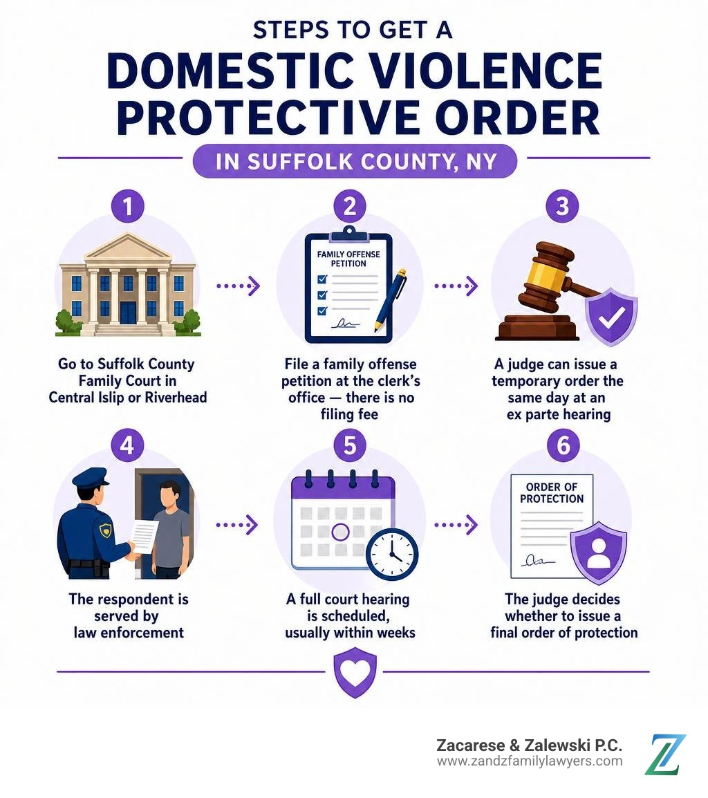 Steps to get a domestic violence protective order in Suffolk County, NY infographic Steps to get a domestic violence protective order in Suffolk County, NY infographic