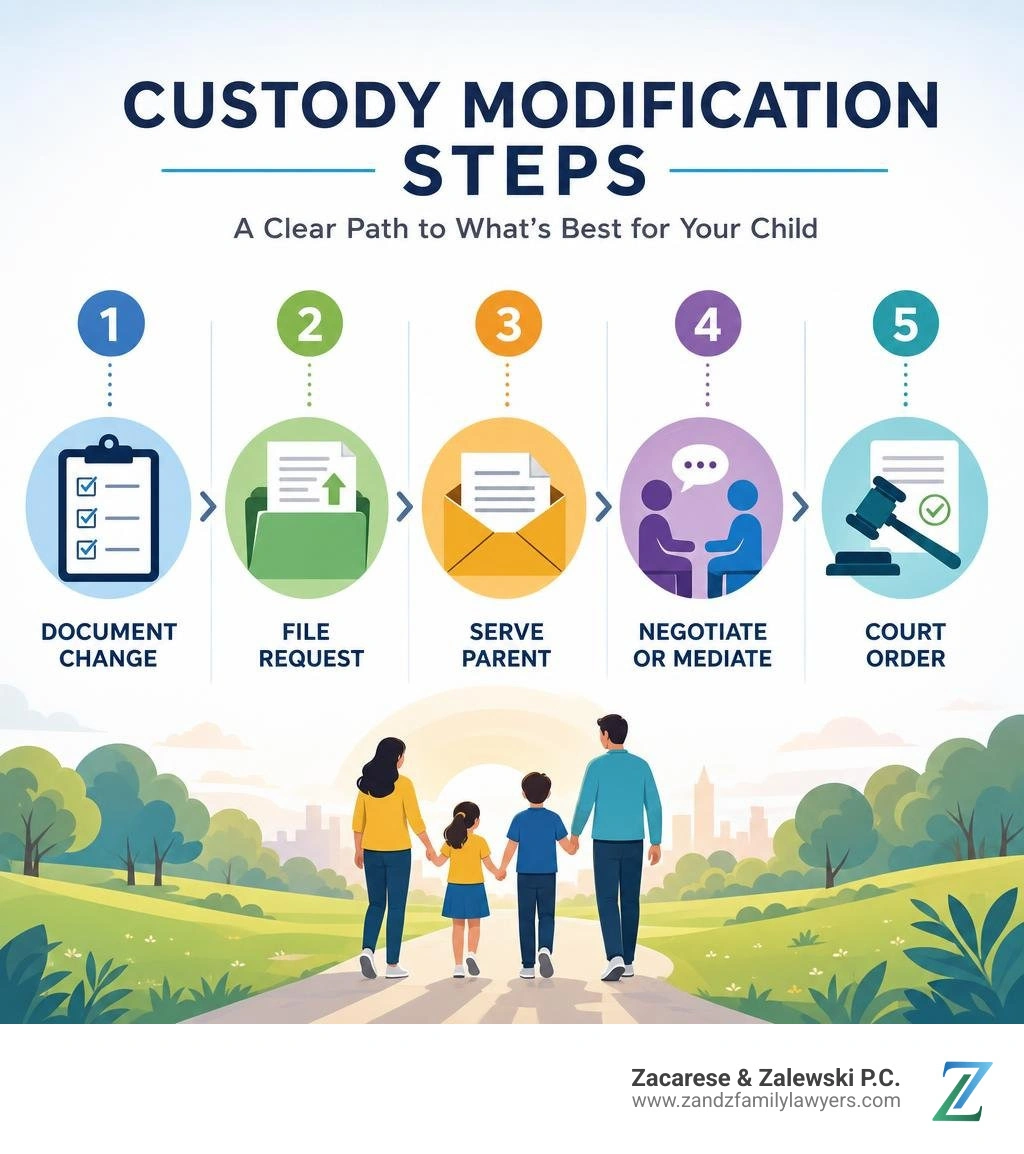 Custody modification steps: document change, file request, serve parent, negotiate or mediate, court order infographic Custody modification steps: document change, file request, serve parent, negotiate or mediate, court order infographic