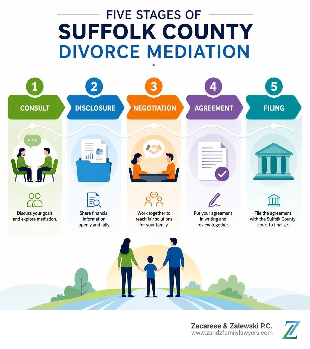 Five stages of Suffolk County divorce mediation: consult, disclosure, negotiation, agreement, filing infographic Five stages of Suffolk County divorce mediation: consult, disclosure, negotiation, agreement, filing infographic