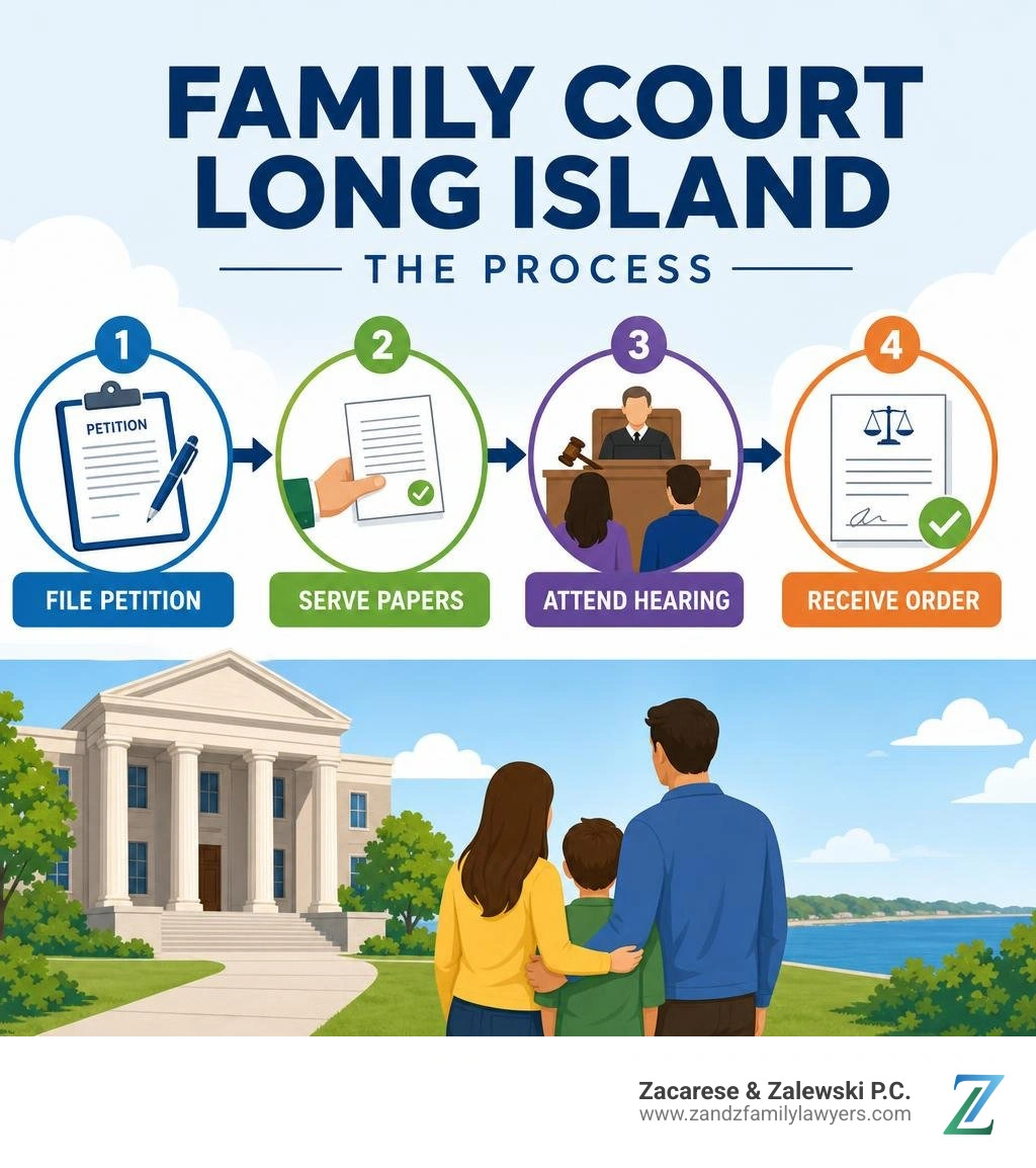Family Court Long Island process: file petition, serve papers, attend hearing, receive order infographic Family Court Long Island process: file petition, serve papers, attend hearing, receive order infographic