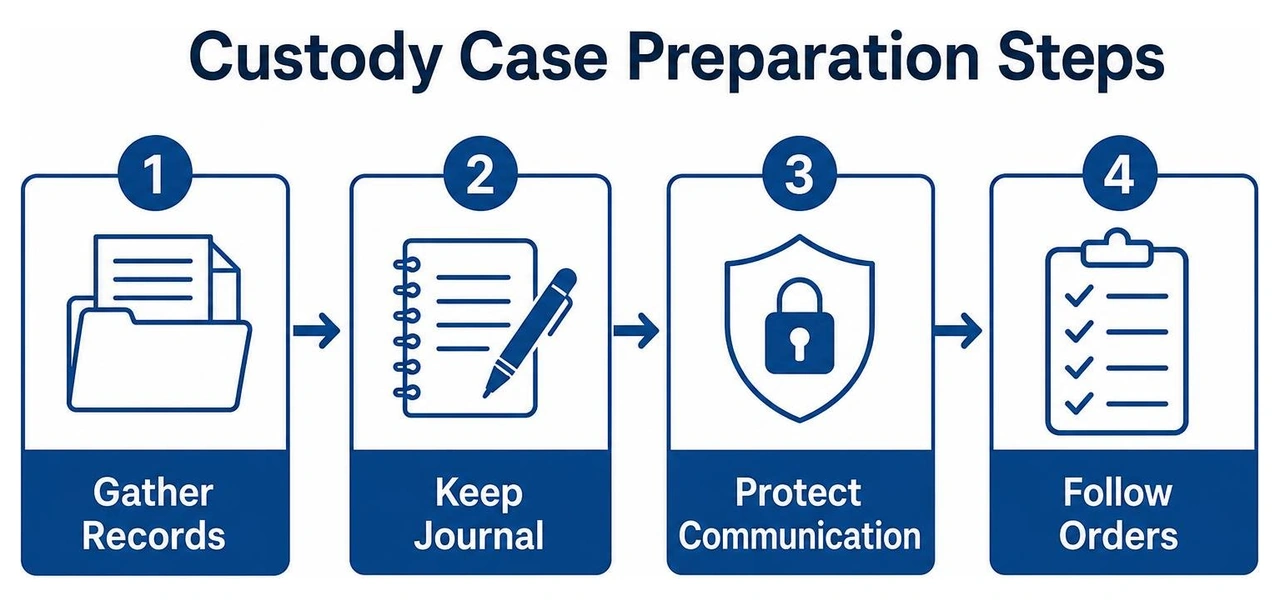 Custody Case Preparation Steps: gather records, keep journal, protect communication, follow orders Custody Case Preparation Steps: gather records, keep journal, protect communication, follow orders