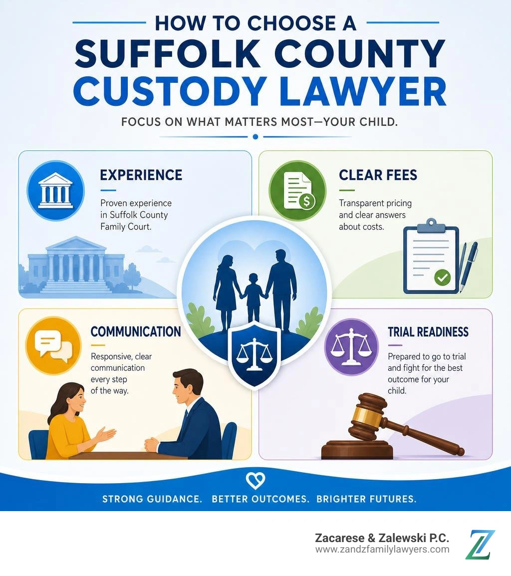 How to choose a Suffolk County custody lawyer: experience, clear fees, communication, trial readiness infographic How to choose a Suffolk County custody lawyer: experience, clear fees, communication, trial readiness infographic