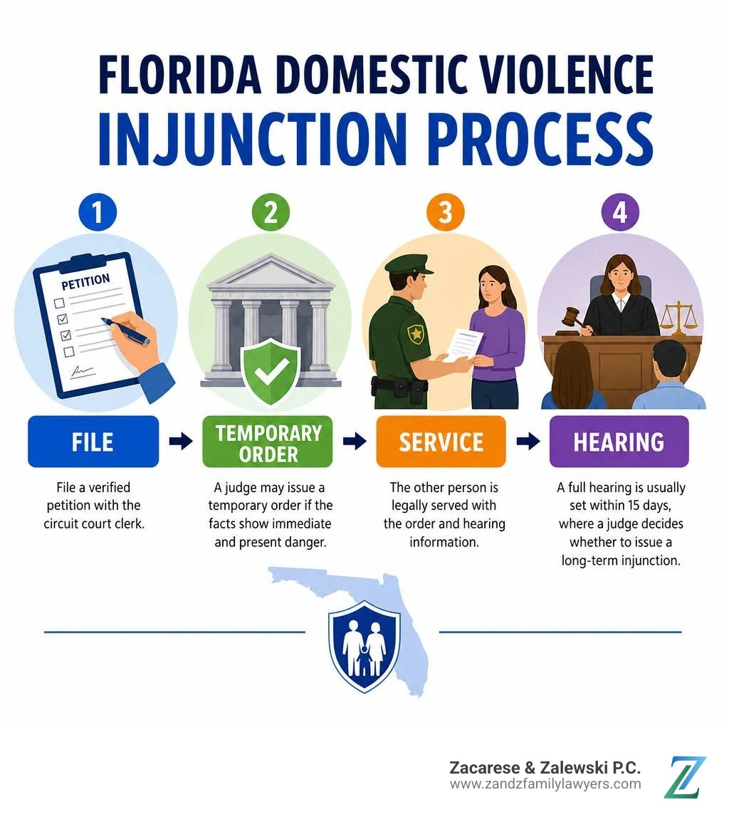Florida domestic violence injunction process: file, temporary order, service, hearing infographic Florida domestic violence injunction process: file, temporary order, service, hearing infographic