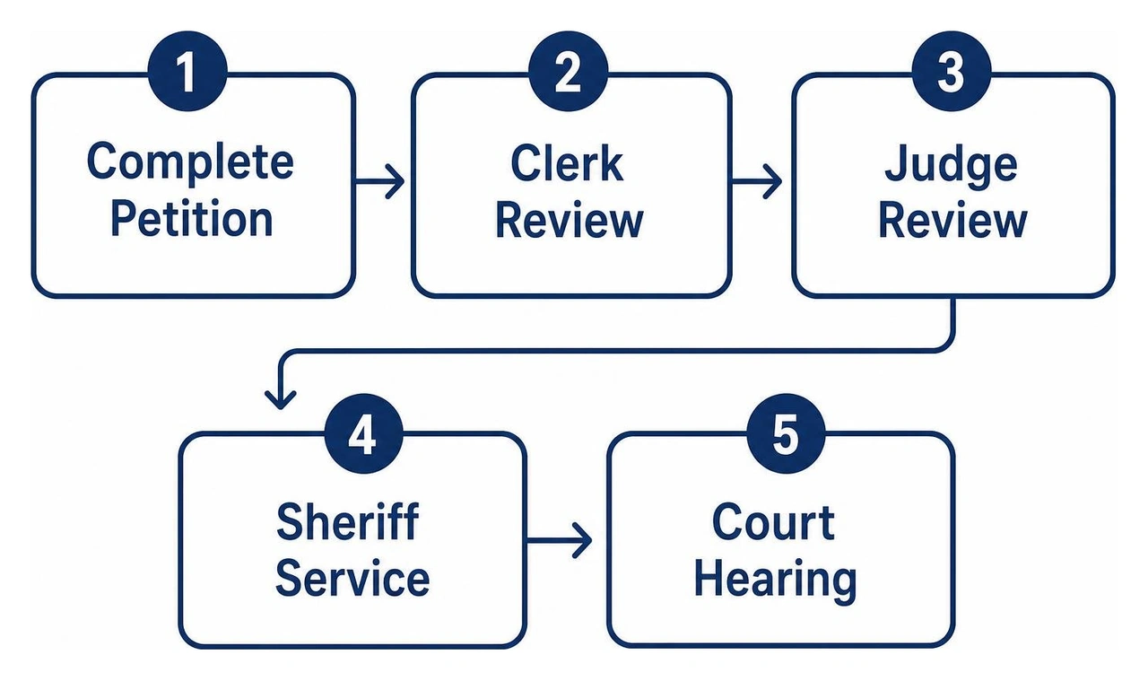 Filing process: Complete Petition, Clerk Review, Judge Review, Sheriff Service, Court Hearing Filing process: Complete Petition, Clerk Review, Judge Review, Sheriff Service, Court Hearing