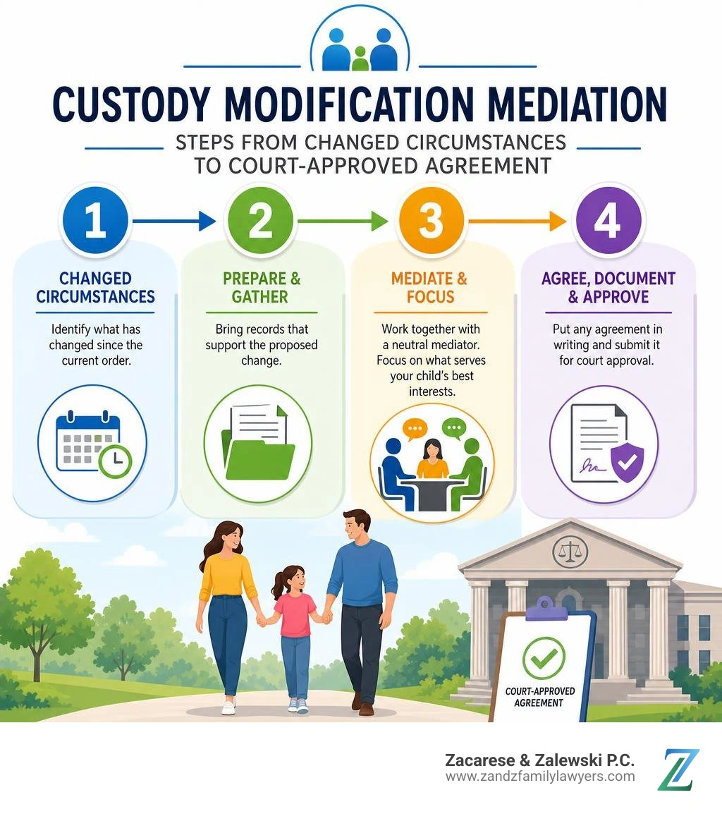 Custody modification mediation steps from changed circumstances to court-approved agreement infographic Custody modification mediation steps from changed circumstances to court-approved agreement infographic