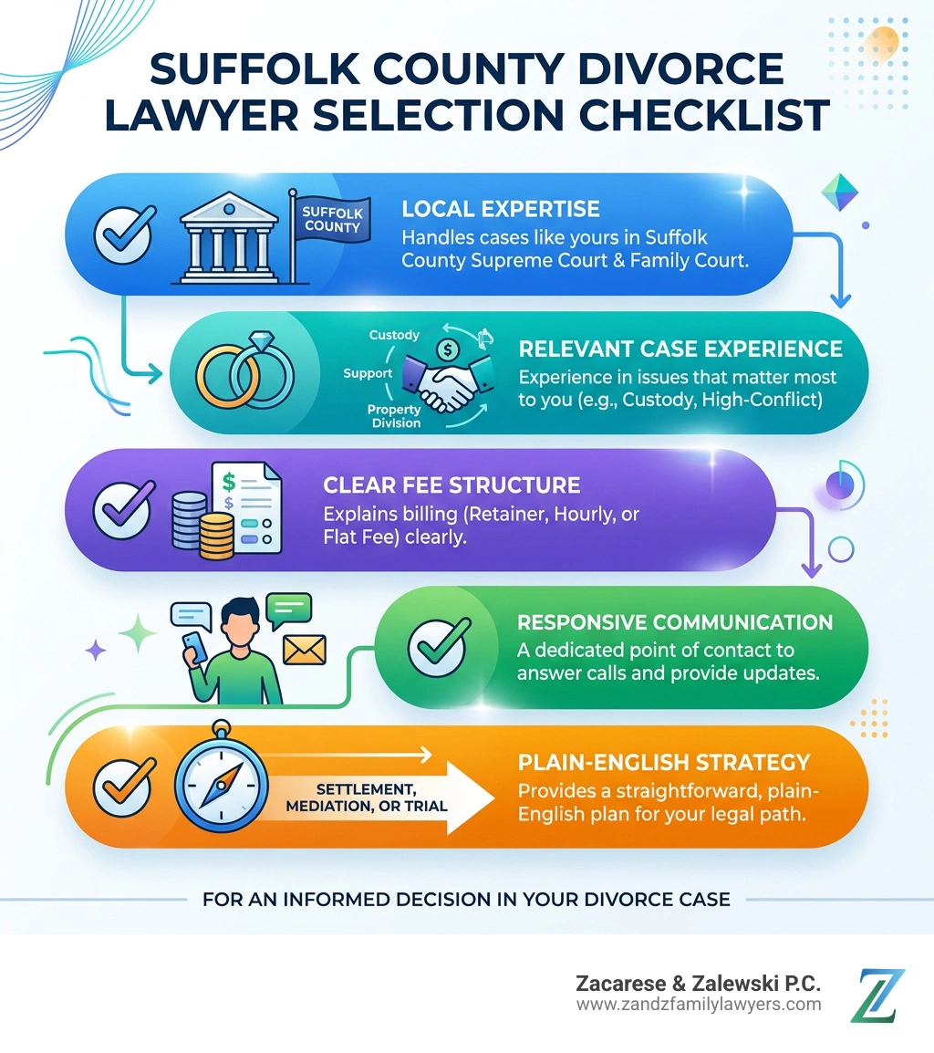 Suffolk County divorce lawyer selection checklist infographic Suffolk County divorce lawyer selection checklist infographic