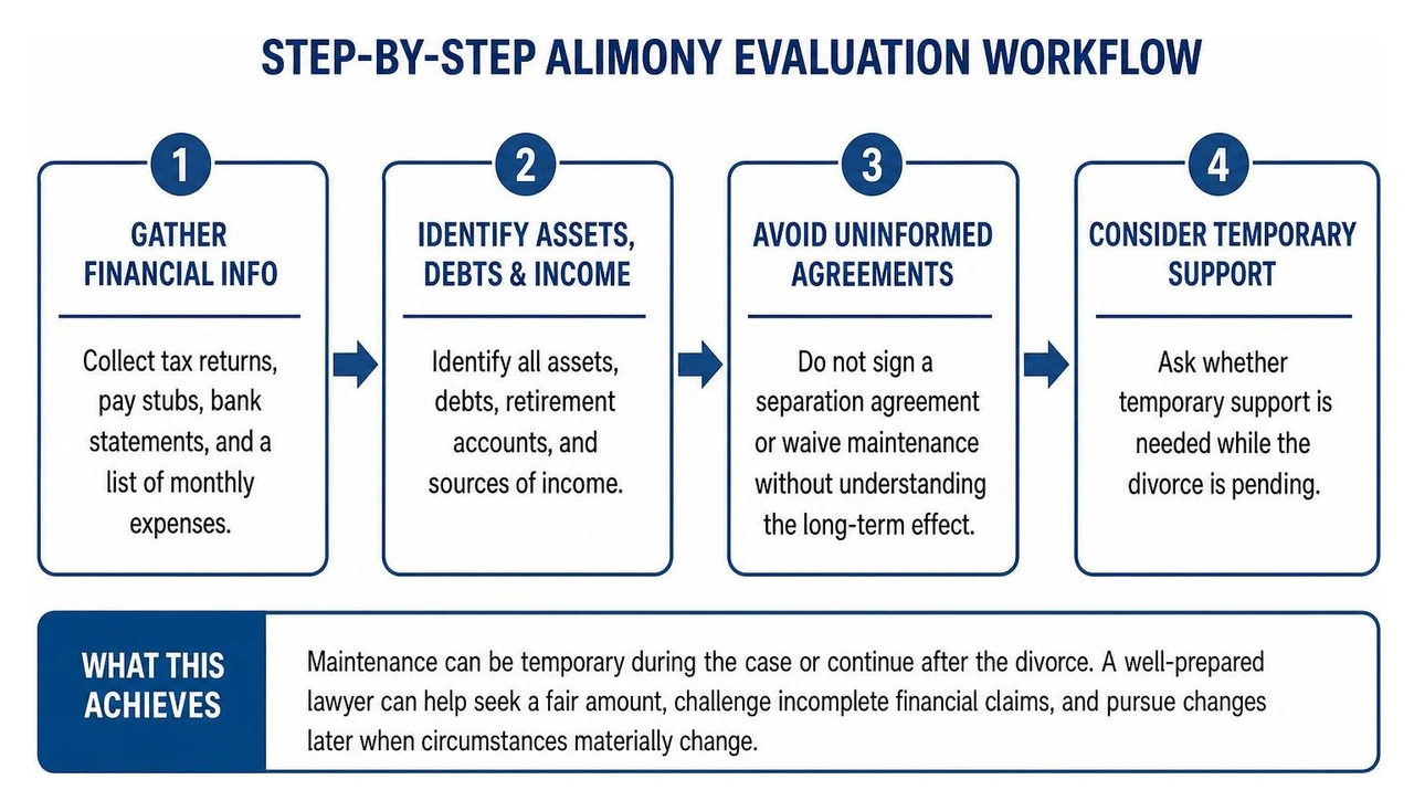 Step-by-step alimony evaluation workflow
