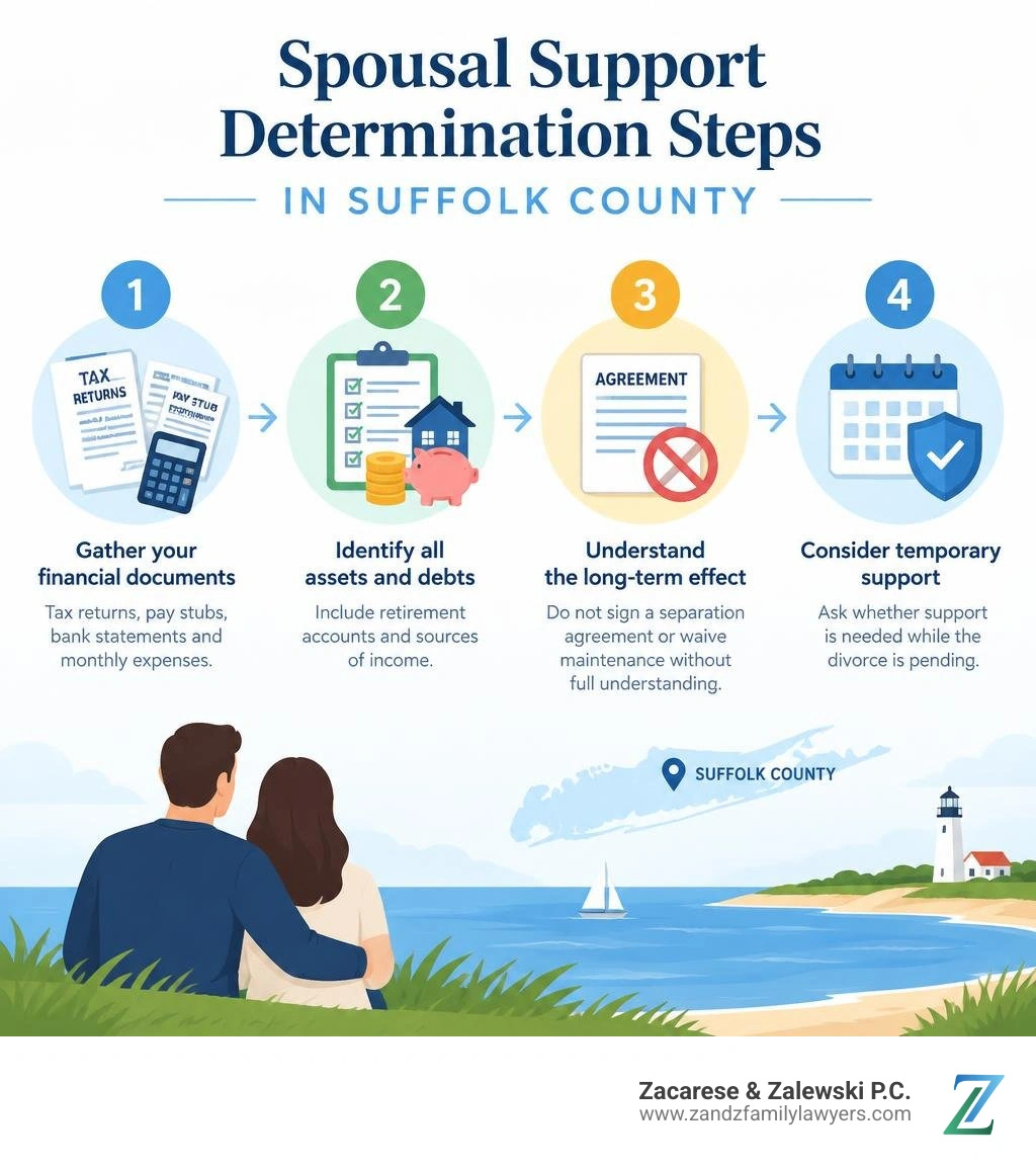 Spousal support determination steps in Suffolk County infographic