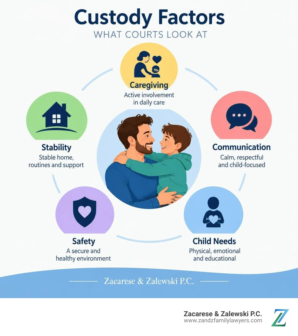 Infographic showing custody factors: caregiving, stability, communication, safety, and child needs infographic Infographic showing custody factors: caregiving, stability, communication, safety, and child needs infographic