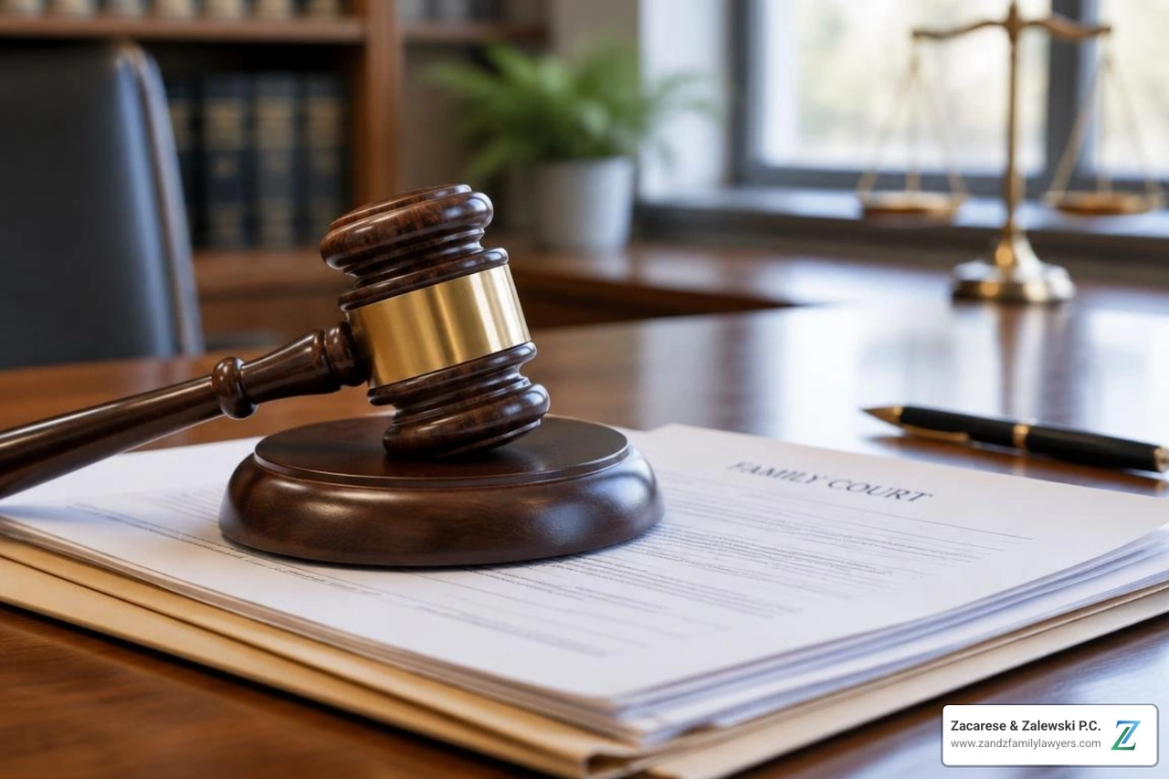 Gavel resting on family court documents Gavel resting on family court documents