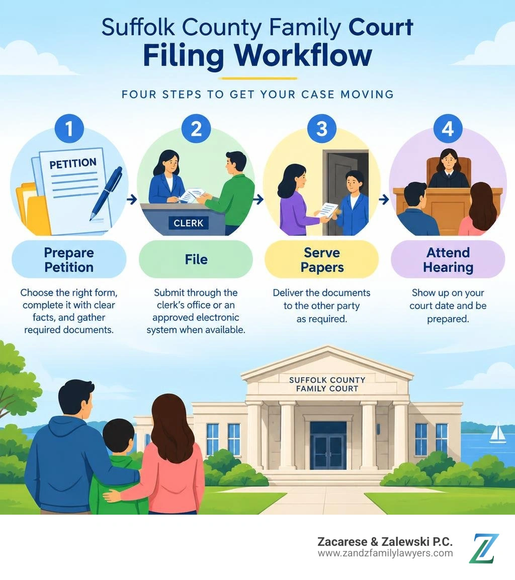 Suffolk County Family Court filing workflow: prepare petition, file, serve papers, attend hearing infographic Suffolk County Family Court filing workflow: prepare petition, file, serve papers, attend hearing infographic