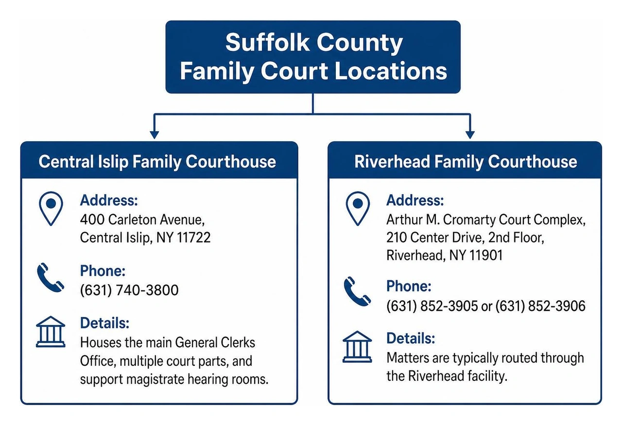 Suffolk County Family Court locations in Central Islip and Riverhead Suffolk County Family Court locations in Central Islip and Riverhead