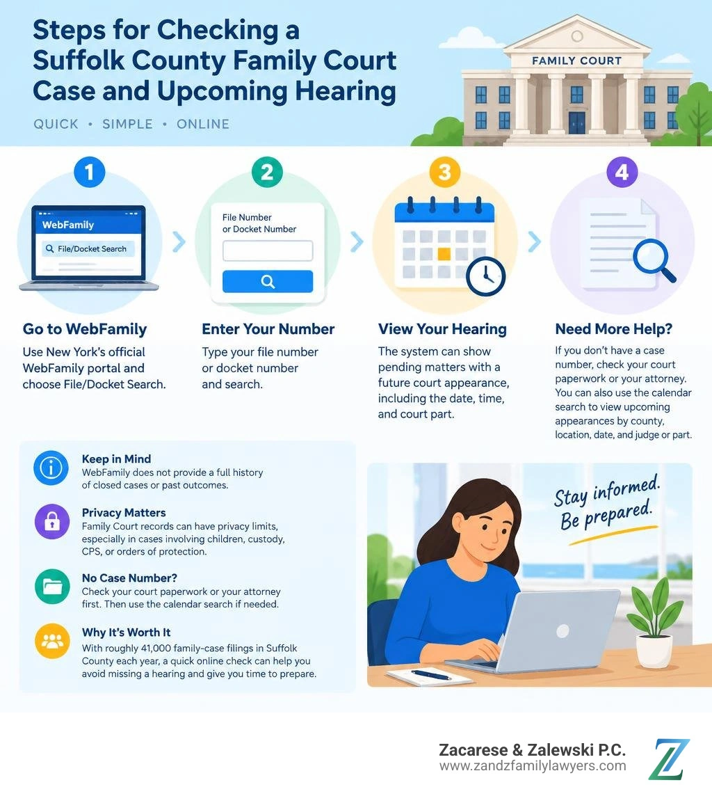 Steps for checking a Suffolk County Family Court case and upcoming hearing infographic Steps for checking a Suffolk County Family Court case and upcoming hearing infographic