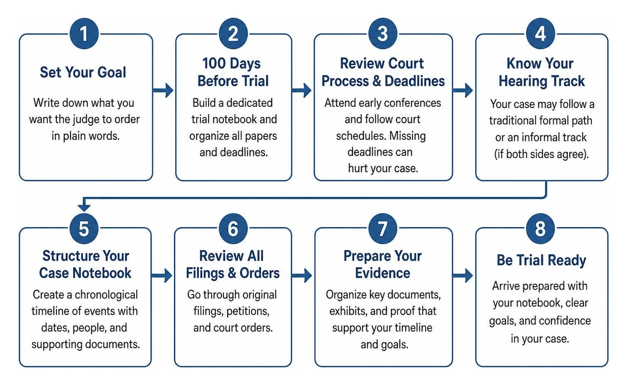 Step-by-step family court trial preparation sequence Step-by-step family court trial preparation sequence