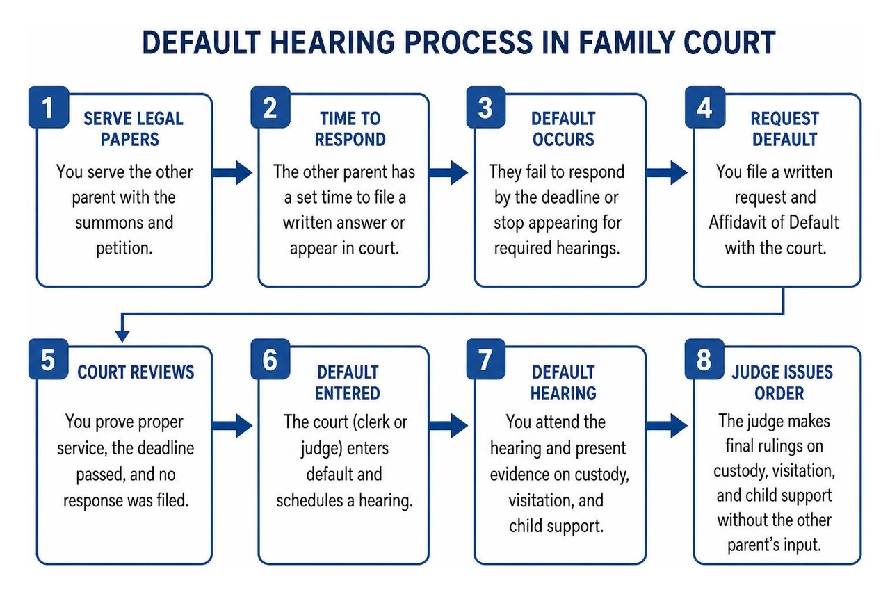 Step-by-step flowchart of the default hearing process in family court Step-by-step flowchart of the default hearing process in family court