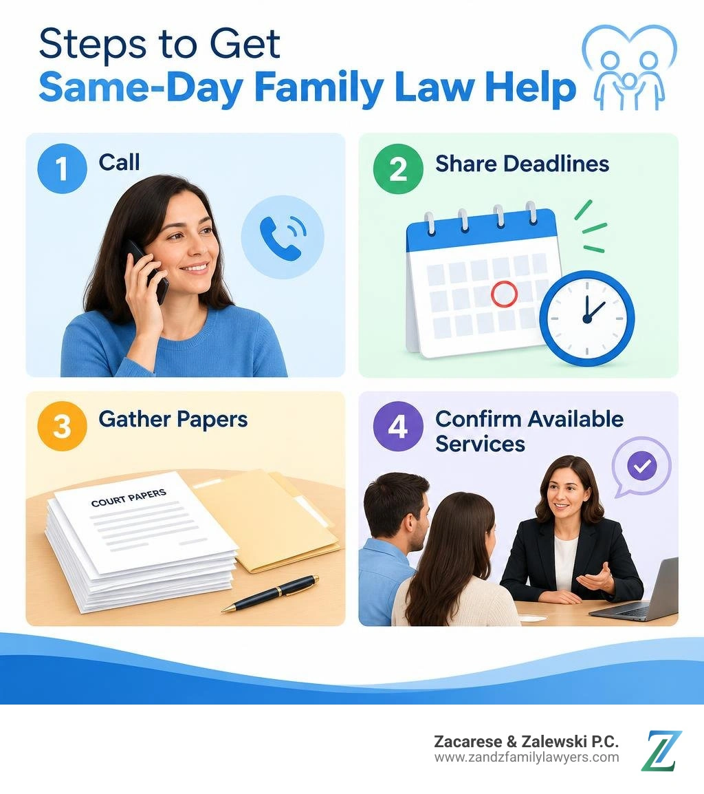 Steps to get same-day family law help: call, share deadlines, gather papers, confirm available services infographic Steps to get same-day family law help: call, share deadlines, gather papers, confirm available services infographic