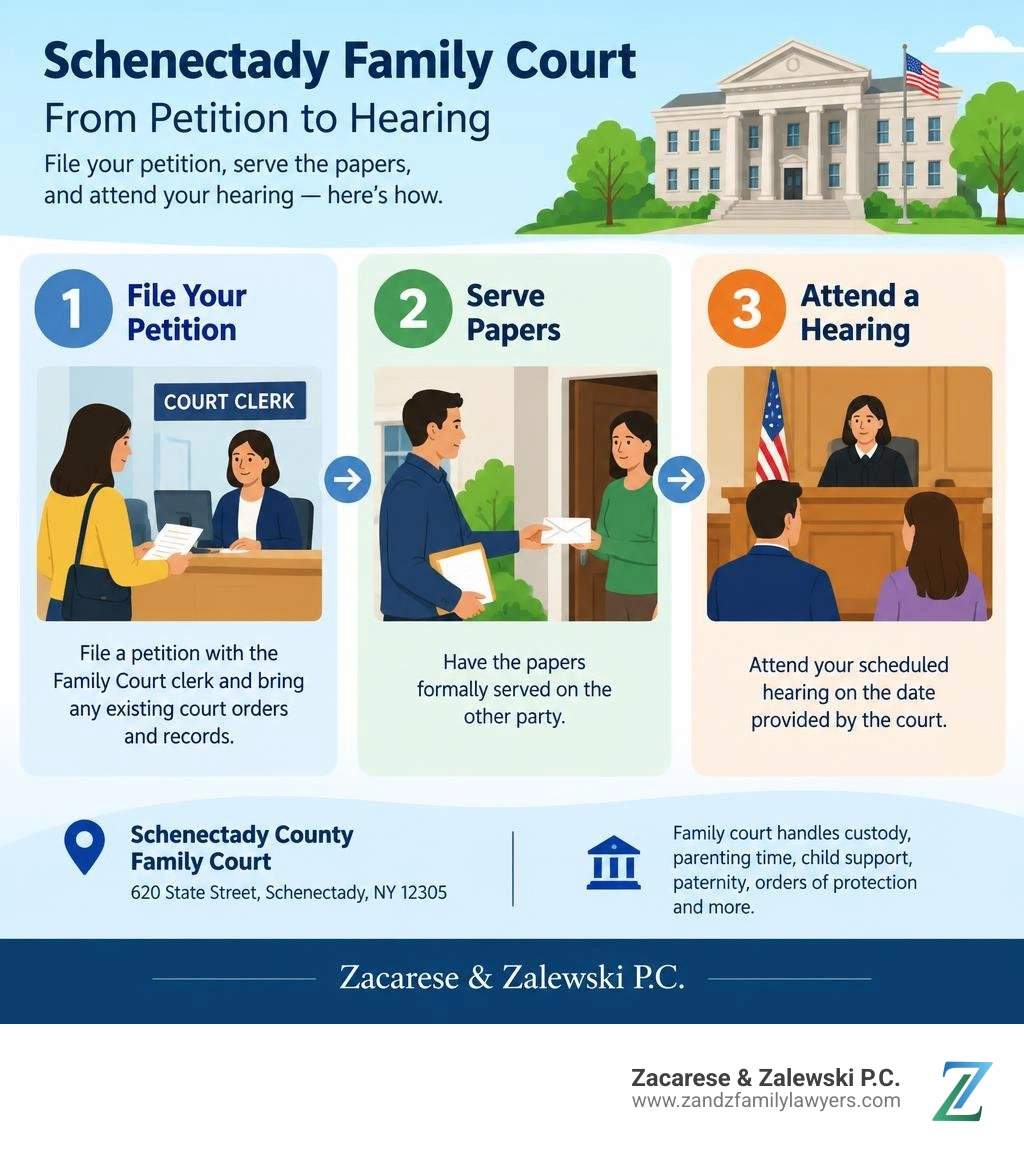 Steps to file a Schenectady Family Court petition, serve papers, and attend a hearing infographic Steps to file a Schenectady Family Court petition, serve papers, and attend a hearing infographic