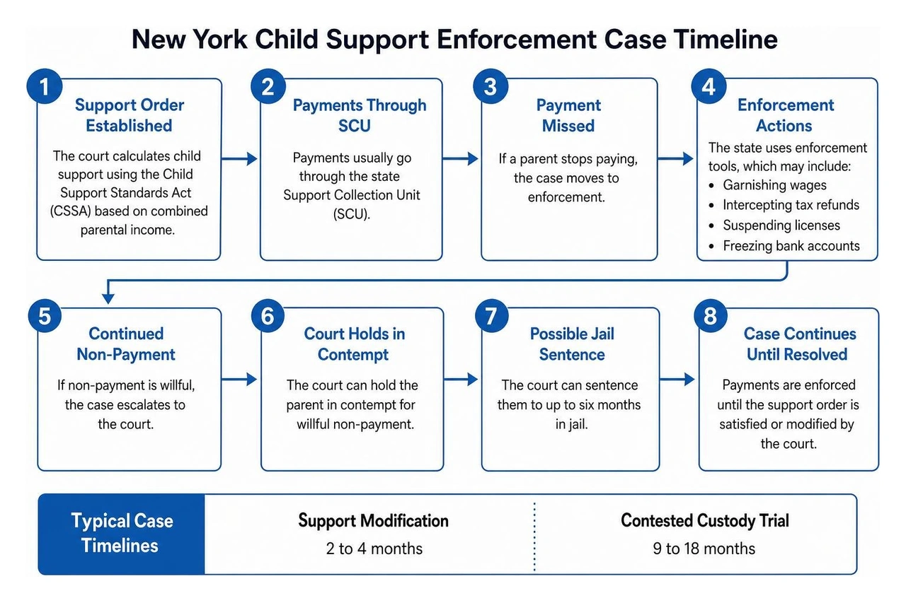 Timeline showing stages of a New York child support enforcement case Timeline showing stages of a New York child support enforcement case