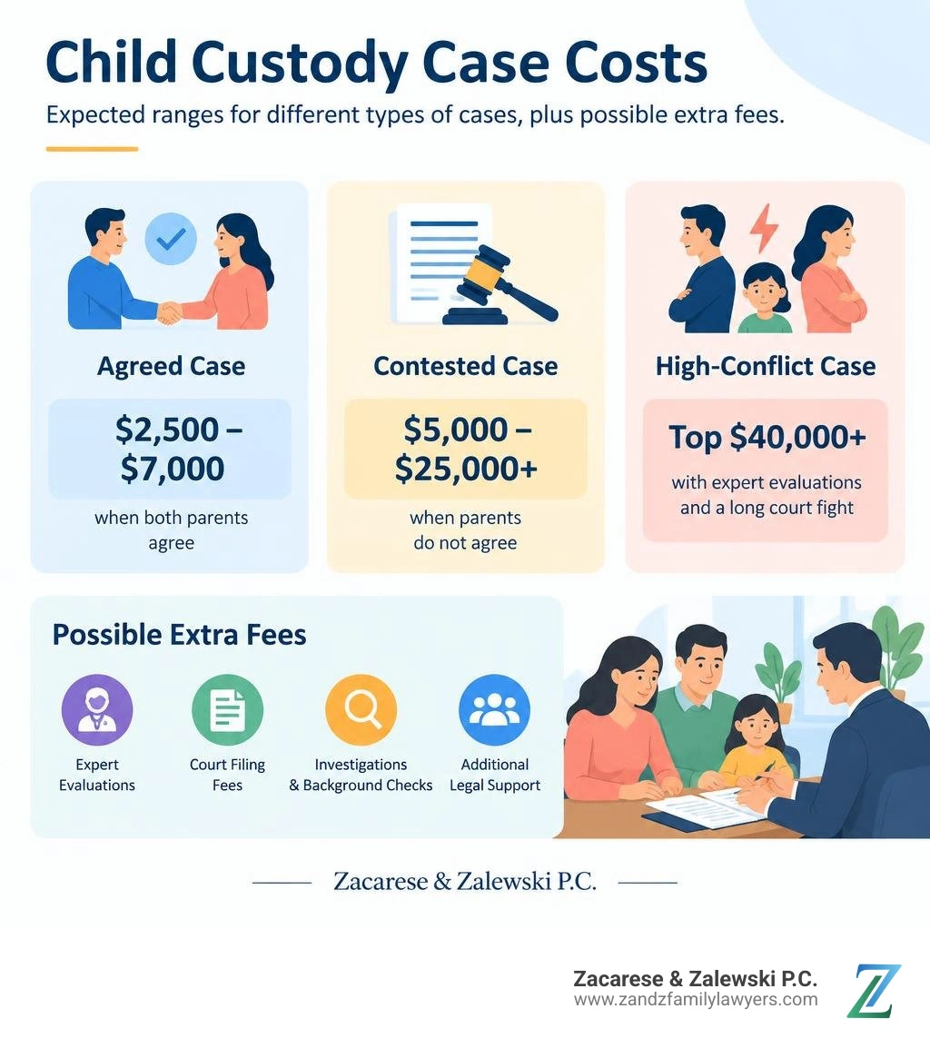 Child custody cost ranges for agreed, contested, and high-conflict cases, plus possible extra fees infographic Child custody cost ranges for agreed, contested, and high-conflict cases, plus possible extra fees infographic