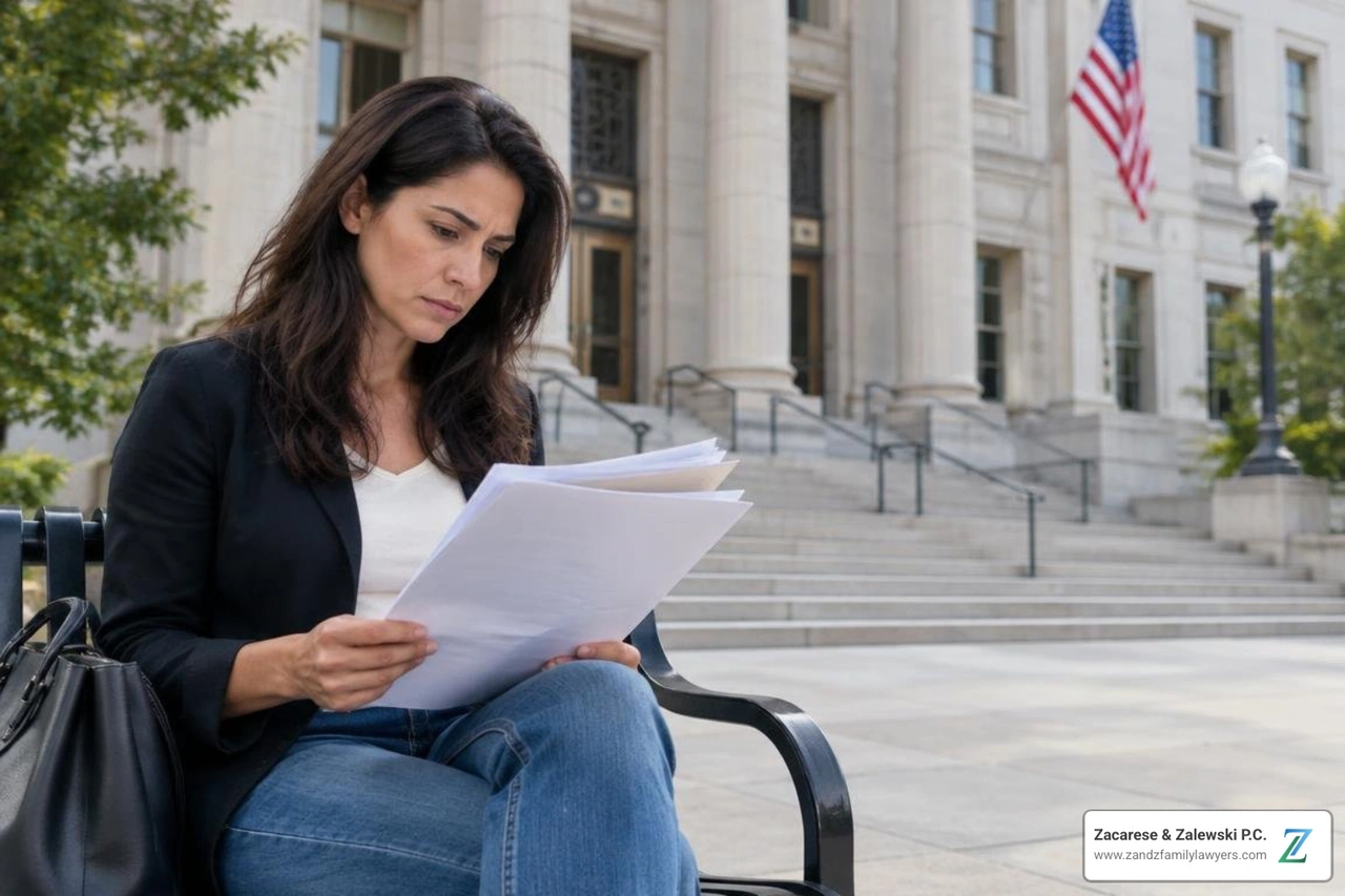 Parent reviewing custody papers outside a courthouse Parent reviewing custody papers outside a courthouse