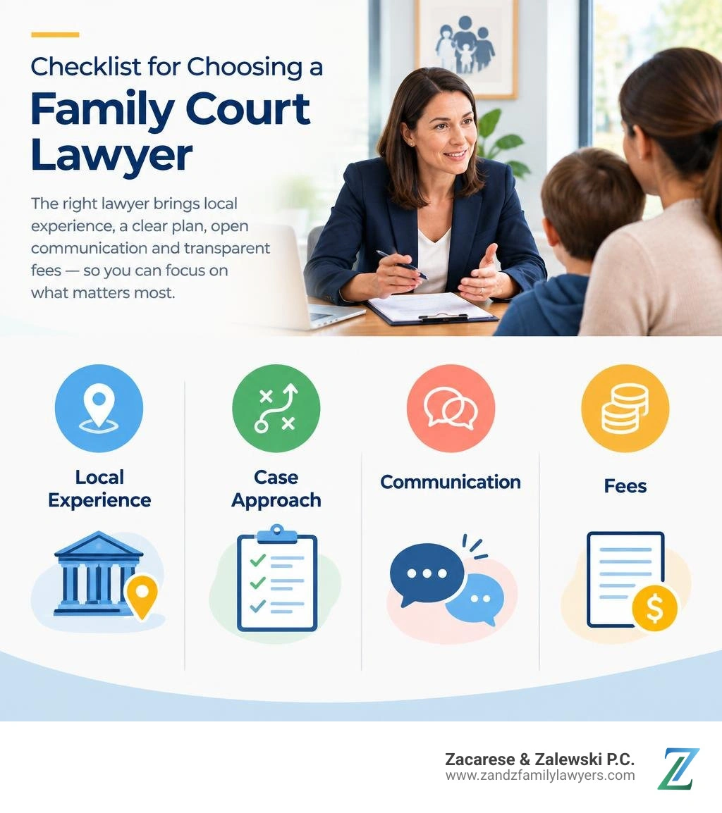 Checklist for choosing a family court lawyer: local experience, case approach, communication, and fees infographic Checklist for choosing a family court lawyer: local experience, case approach, communication, and fees infographic