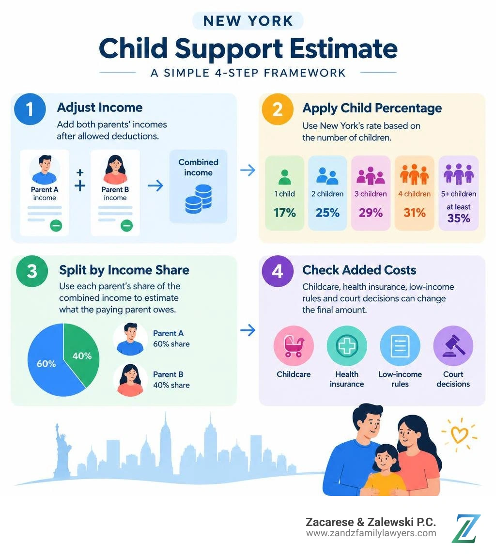 New York child support estimate: adjust income, apply child percentage, split by income share, check added costs infographic New York child support estimate: adjust income, apply child percentage, split by income share, check added costs infographic
