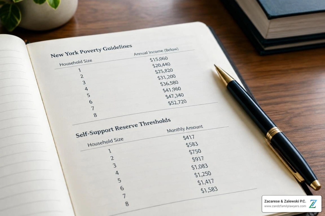 legal ledger highlighting New York poverty guidelines and self support reserve numbers legal ledger highlighting New York poverty guidelines and self support reserve numbers