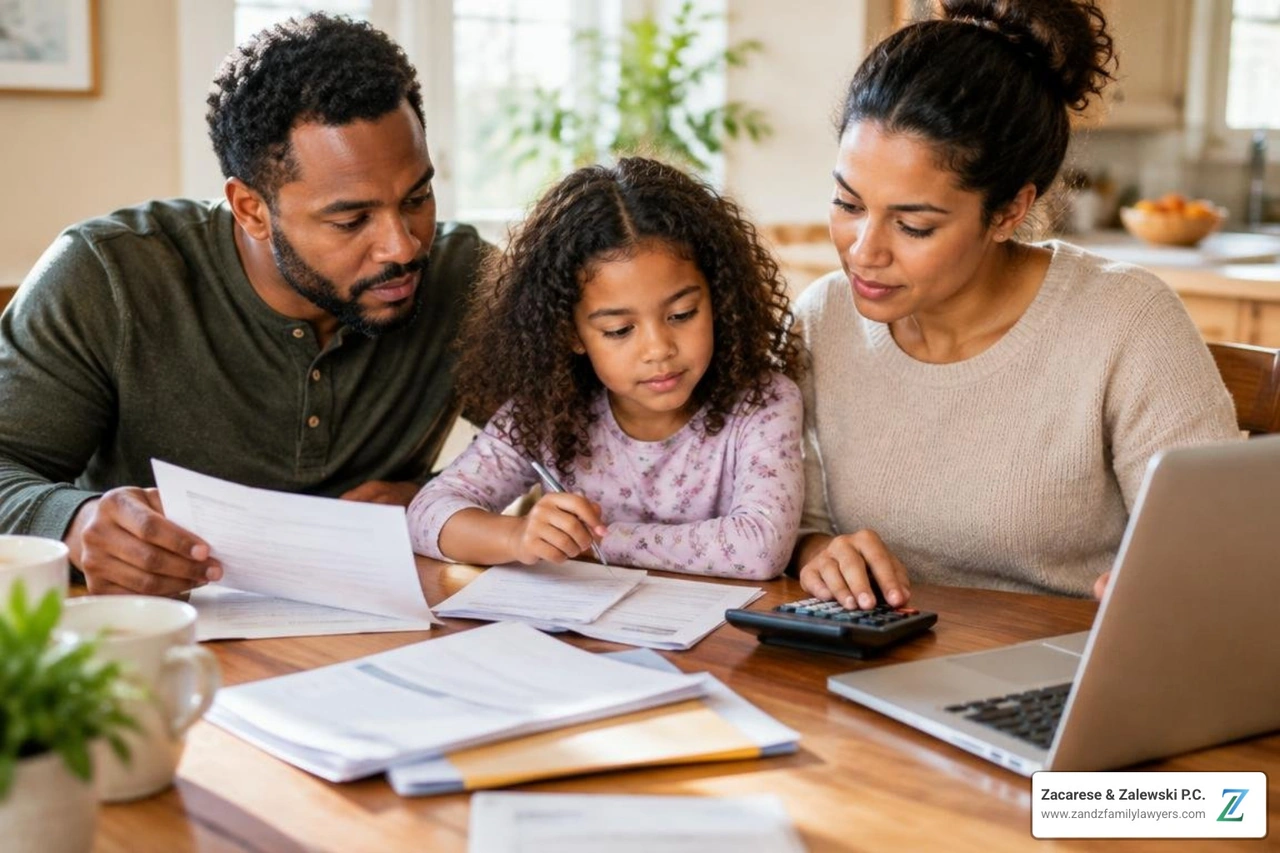 parents reviewing shared childcare and out of pocket medical expenses at home parents reviewing shared childcare and out of pocket medical expenses at home