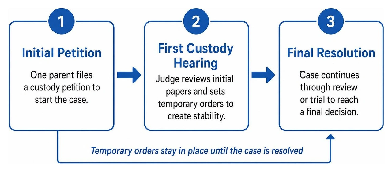 Diagram showing the path from initial petition to temporary orders and final resolution
