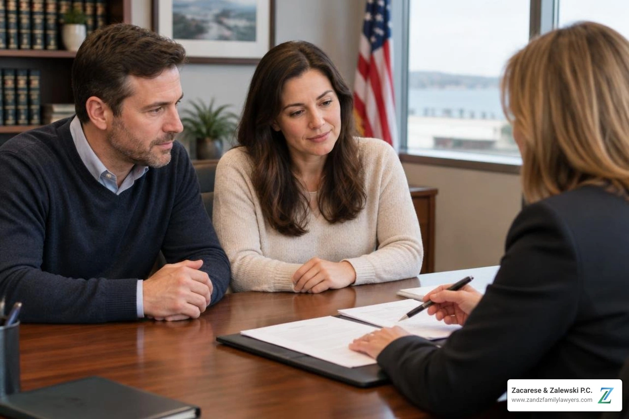 Suffolk County couple meeting with a family lawyer