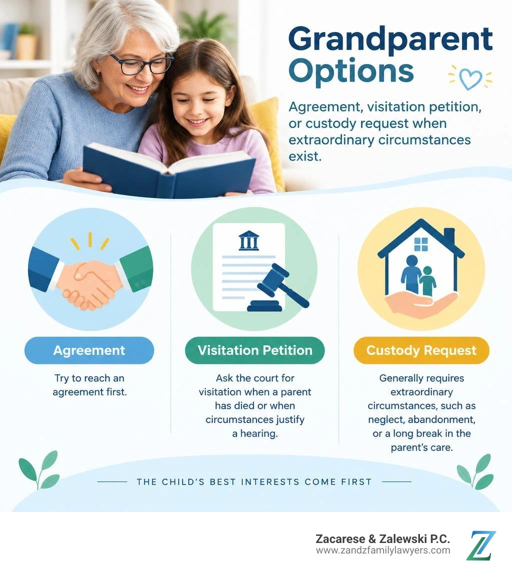 Grandparent options: agreement, visitation petition, or custody request when extraordinary circumstances exist infographic Grandparent options: agreement, visitation petition, or custody request when extraordinary circumstances exist infographic