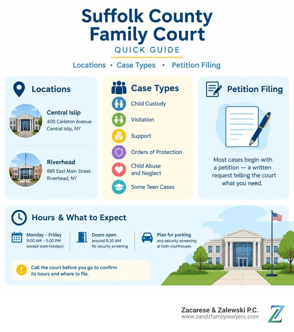 Suffolk County Family Court quick guide showing locations, case types, and petition filing infographic Suffolk County Family Court quick guide showing locations, case types, and petition filing infographic