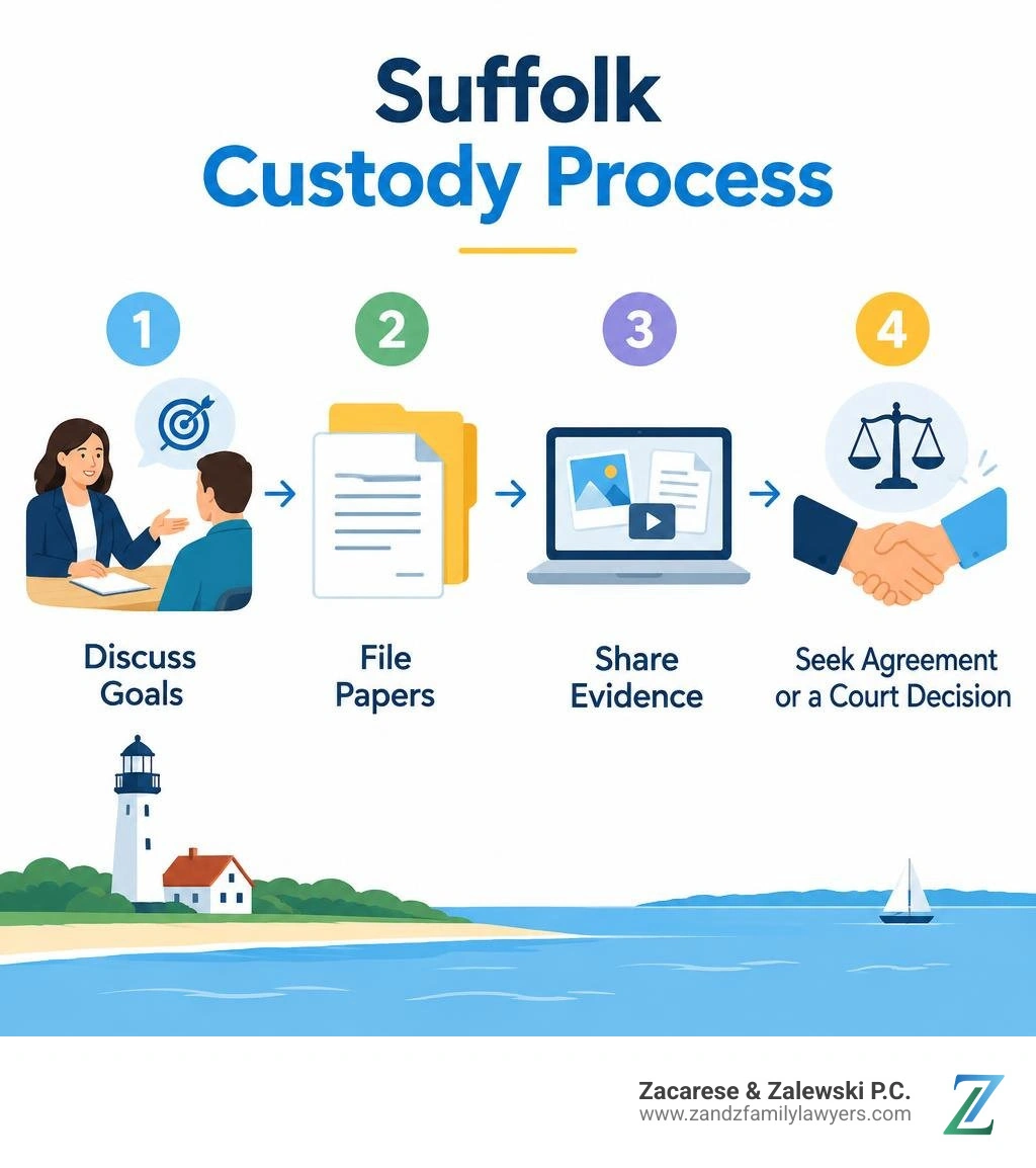 Suffolk custody process: discuss goals, file papers, share evidence, seek agreement or a court decision infographic Suffolk custody process: discuss goals, file papers, share evidence, seek agreement or a court decision infographic