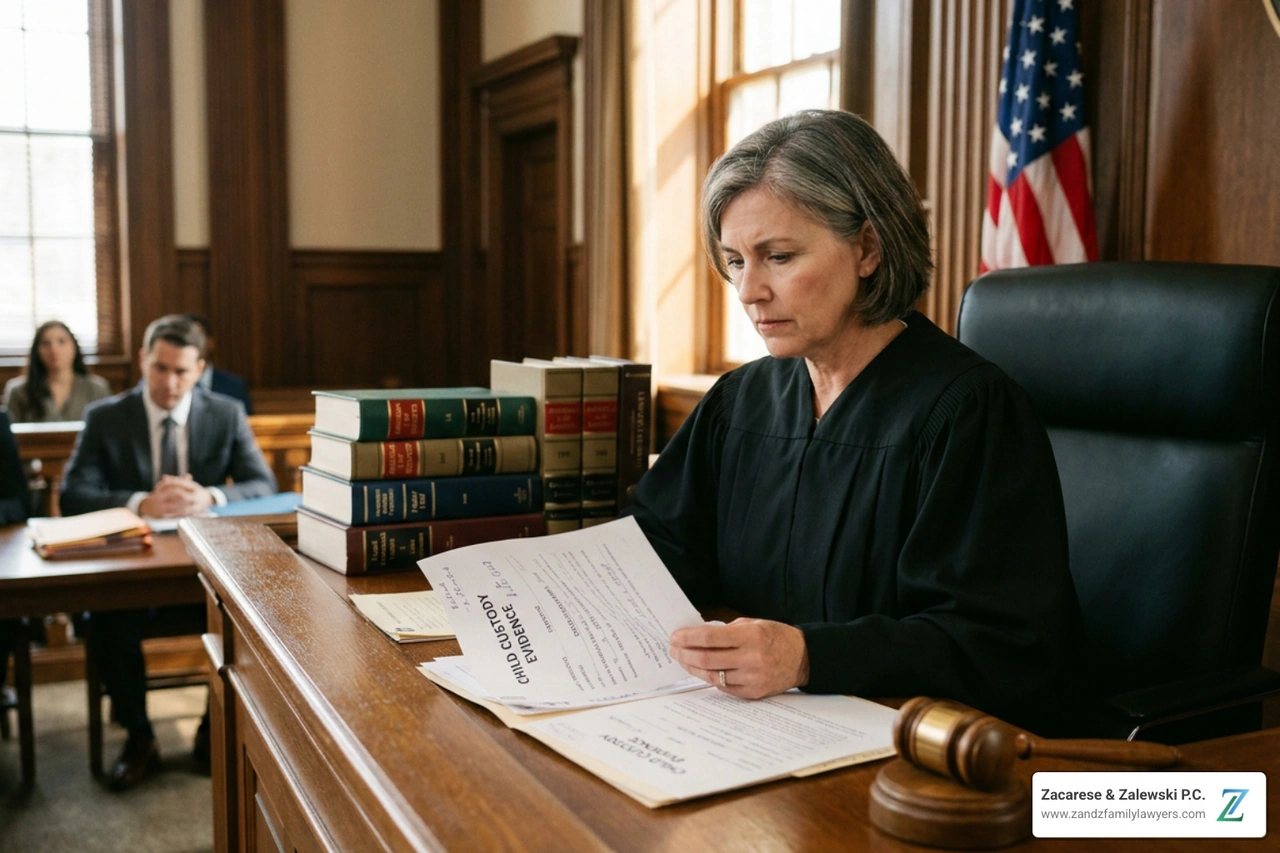 Judge in family court reviewing child custody evidence Judge in family court reviewing child custody evidence