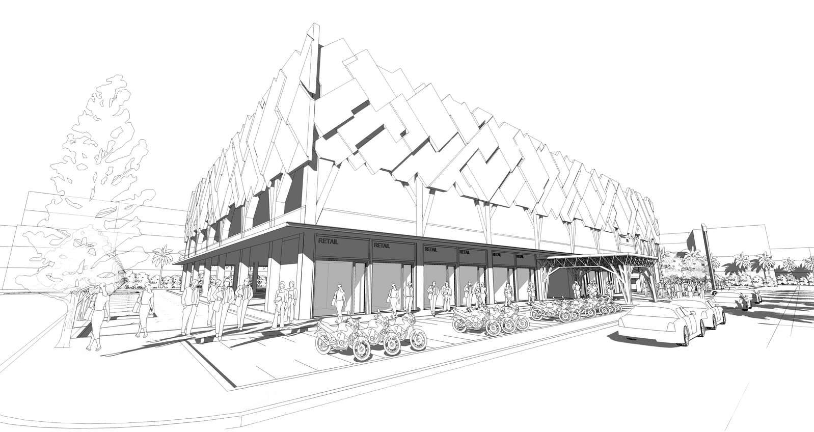 Architectural sketch of a commercial building with retail spaces, motorcycles parked outside, pedestrians, and cars along the street.