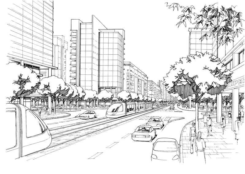 Black and white line drawing of a city street with tall buildings, trees lining the sidewalks, cars parked and moving, and a tram on the tracks.