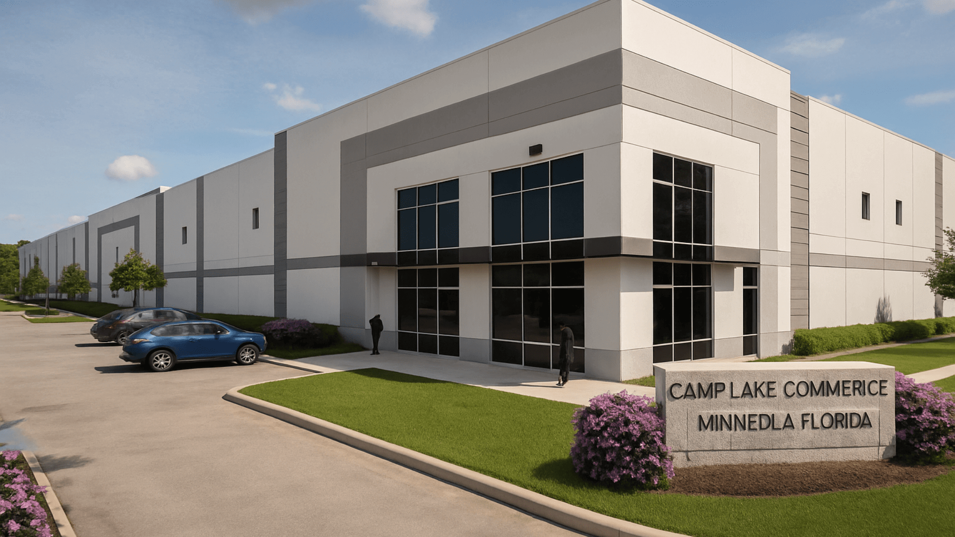 Modern commercial building with large windows and a sign reading 'Camp Lake Commerce, Minnedla Florida' surrounded by green grass, purple flowers, and parked cars.