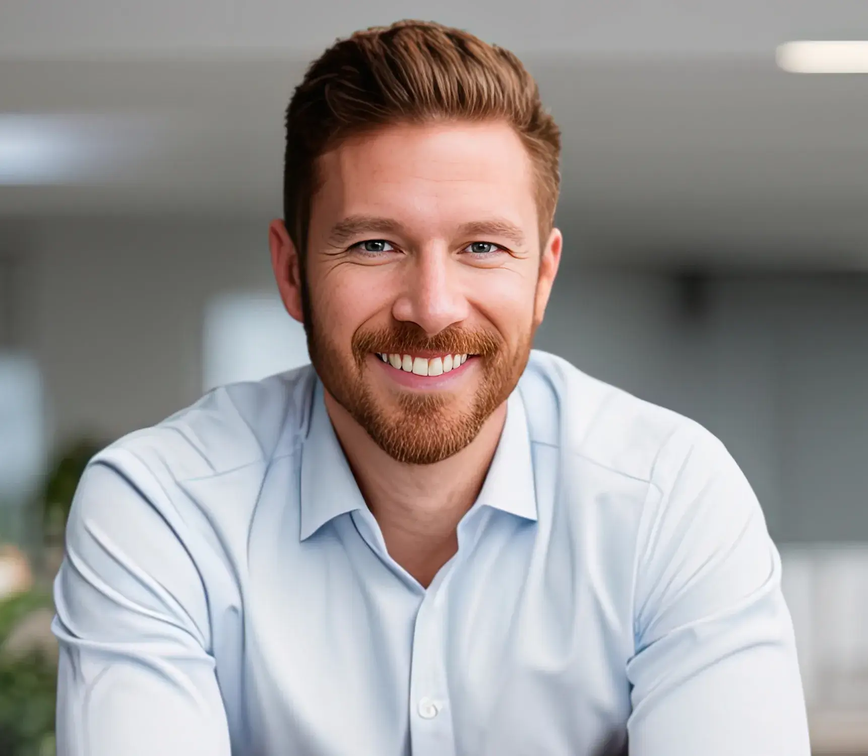 a man with a beard smiling at the camera