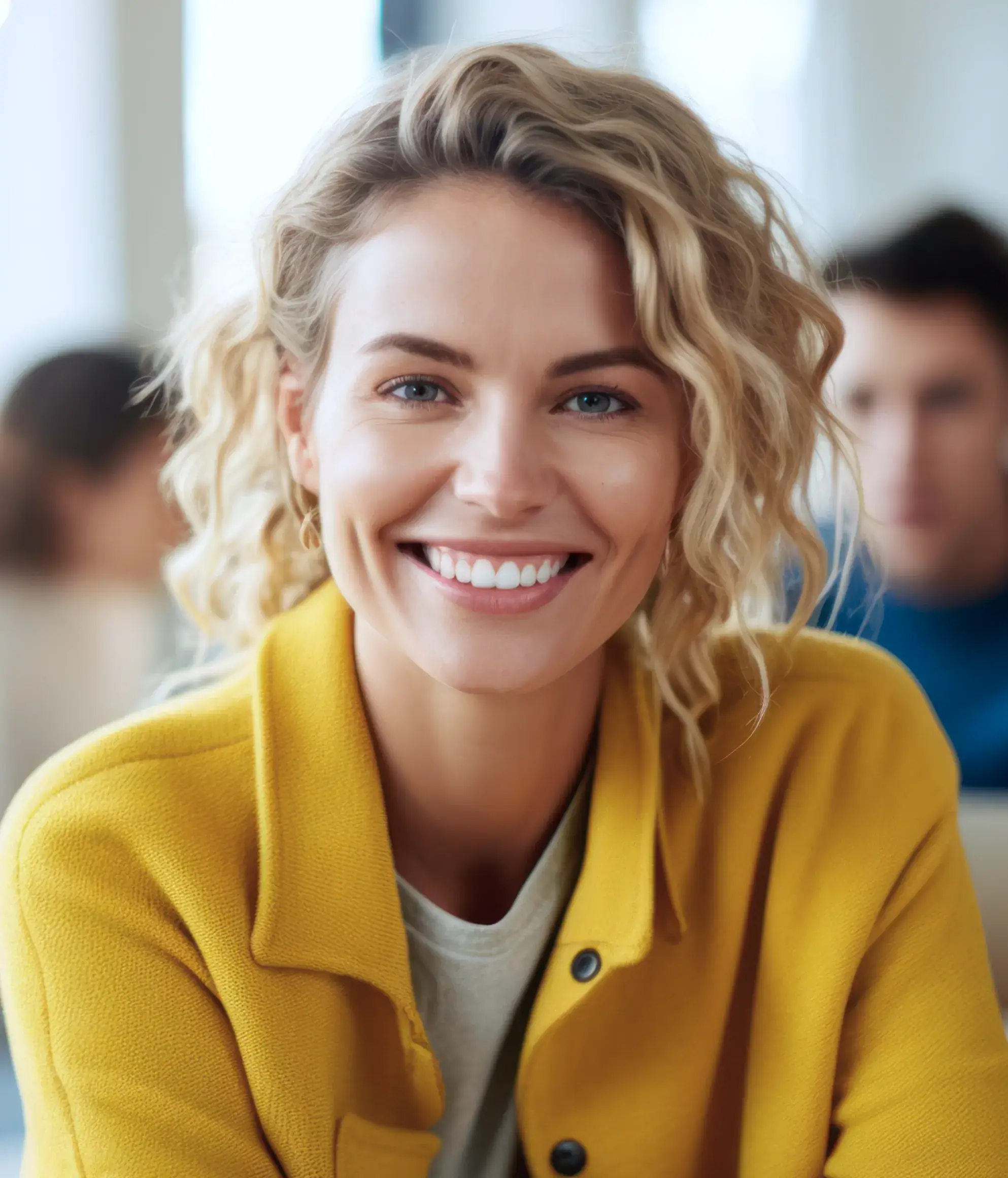 a woman with blonde hair smiling at the camera